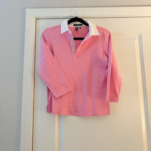 Lauren Ralph Lauren Women’s Pink and White Cotton Long Sleeve Polo Shirt - Picture 2 of 8